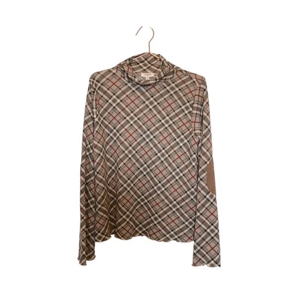 Umgee plaid striped tunic top with high neck and contrast elbow pads size medium - Picture 1 of 7